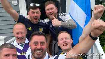 If you can't beat them join them! American surprised by bagpipe-playing Scottish fans at 6.30am gives in and goes to share a few beers with them