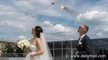 Ukraine wedding photoshoot is interrupted when Russian kamikaze drone is blasted out of the sky