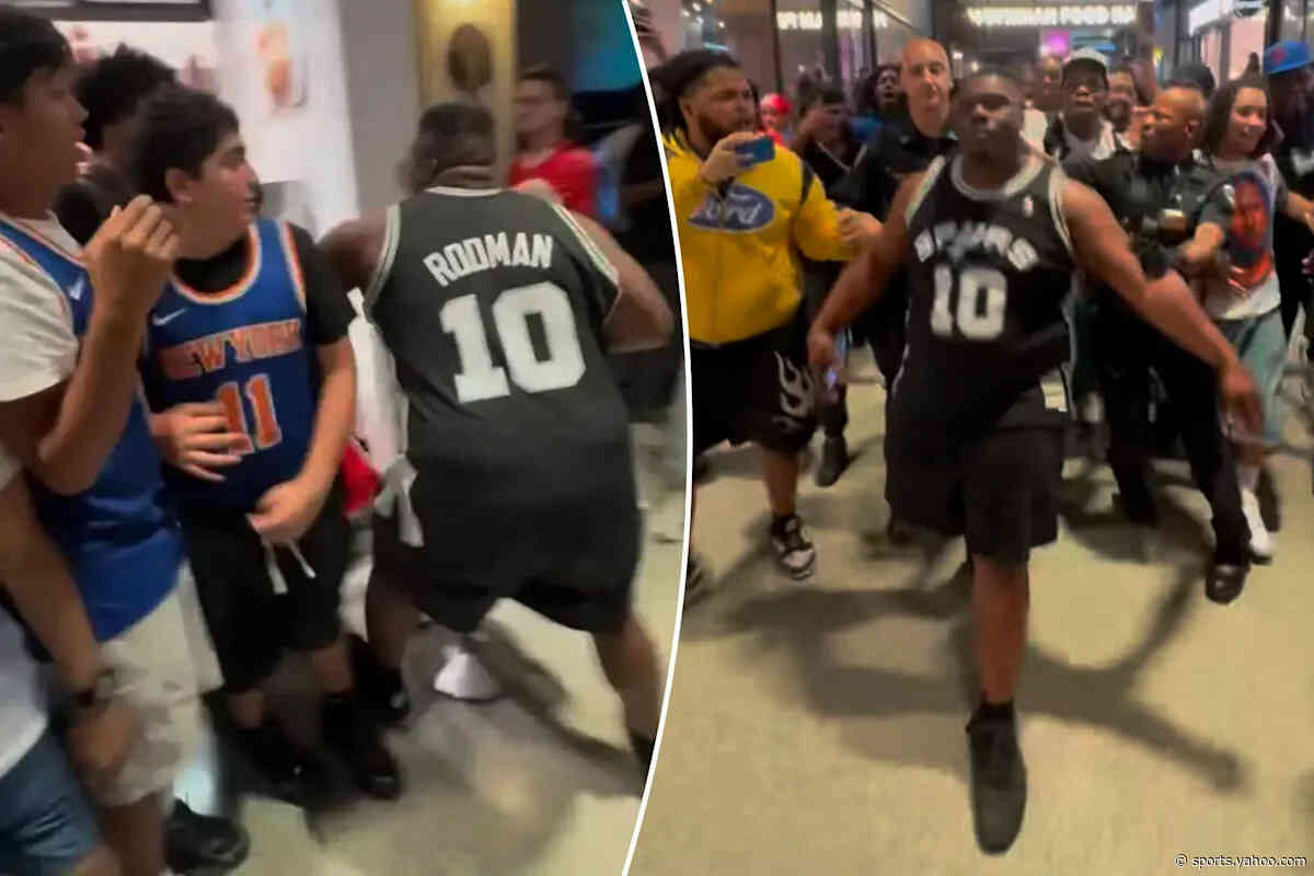 Spurs fan in Dennis Rodman jersey tries fighting every Knicks supporter at Penn Station