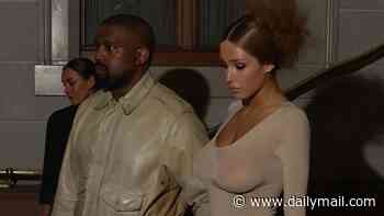 Kanye West's wife Bianca Censori shocks once again as she goes braless in a sheer thong leotard as the couple step out in Switzerland