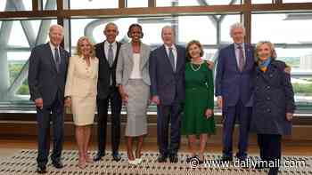 It's the Democrats' big day out! Clintons rub shoulders with Bushes as liberal moguls Oprah and Colbert descend on Obama library's grand opening ceremony