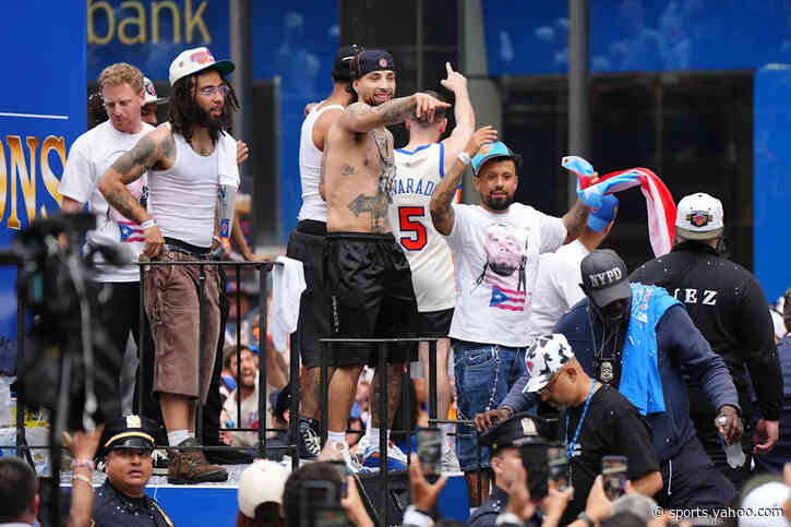 Jose Alvarado gets wild on float with boombox during Knicks parade