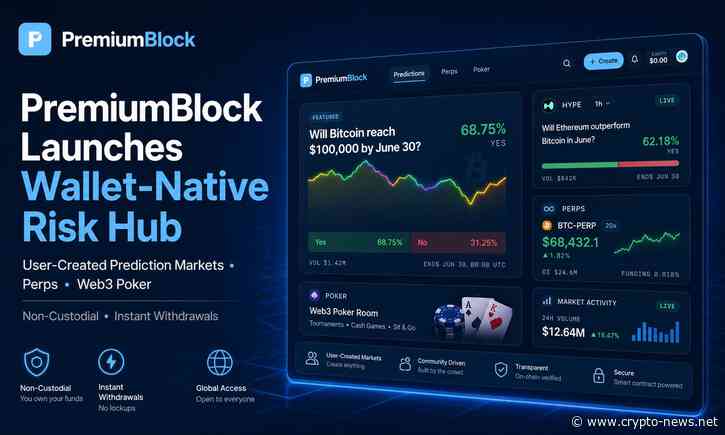 PremiumBlock Launches Non-Custodial Risk Hub for User-Created Prediction Markets, Perps and Web3 Poker