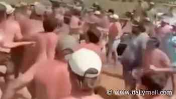 Massive brawl breaks out between drunk shirtless men on river sandbar causing 'severe' injuries as 6 including woman are arrested