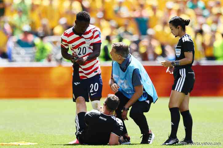 USA v Australia referee Felix Zwayer pulls up with cramp towards end of World Cup match