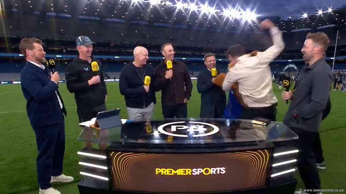 URC rugby final live TV coverage descends into chaos as mascot jumps pundit
