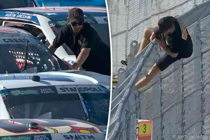 Crazed NASCAR fan climbs onto California track to fist-bump driver: ‘He’s wasted’