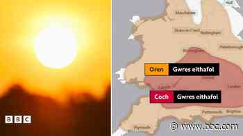 Rhybudd coch am wres eithafol i rannau o Gymru am y tro cyntaf