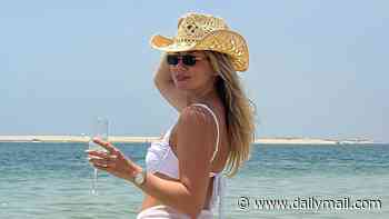 Alan Shearer's rugby WAG daughter Hollie shows off her figure in a bridal white bikini as she sips champagne on the beach on day three of her wild hen weekend