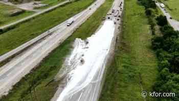 Southbound I-35 lanes closed near Pauls Valley after semi-truck overturns, spills chalk