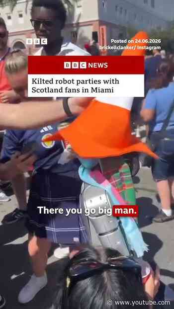 Kilted robot parties with Scotland fans in Miami. #Scotland #Robot #WorldCup #Football #BBCNews