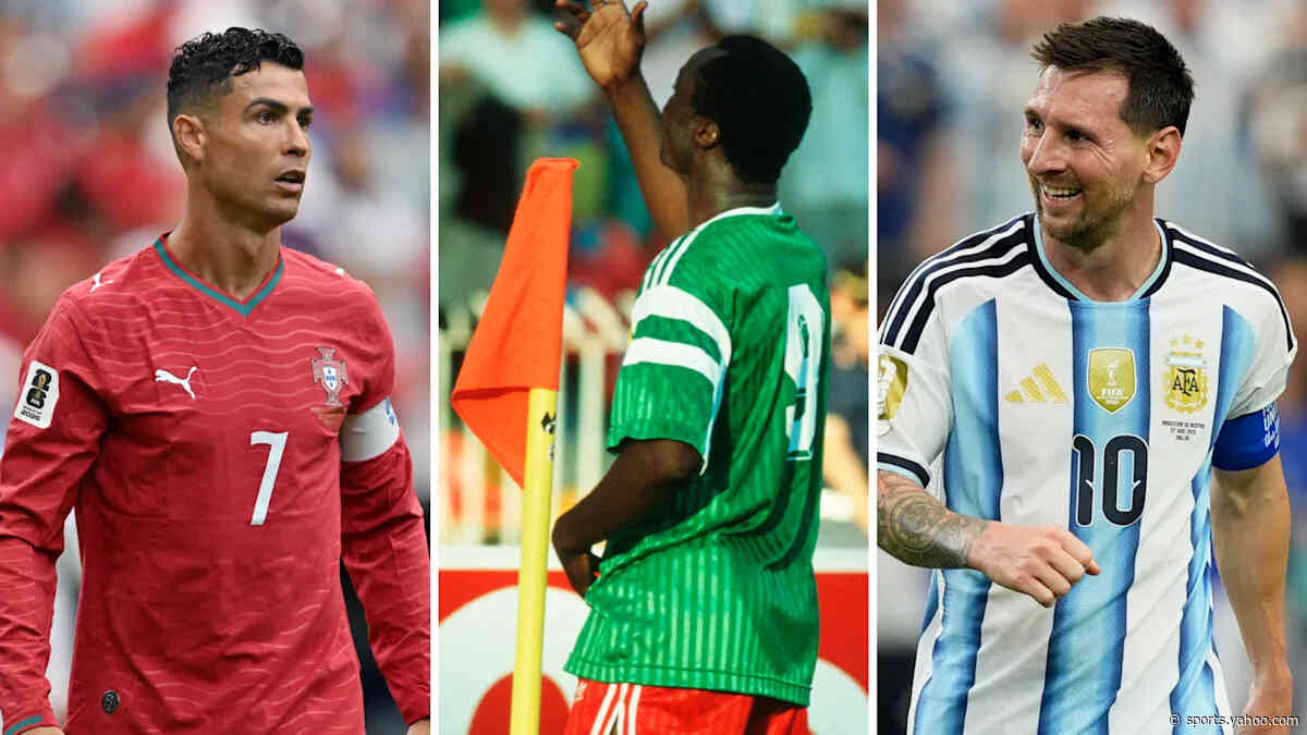 Who is the African World Cup goalscorer older than Ronaldo and Messi?