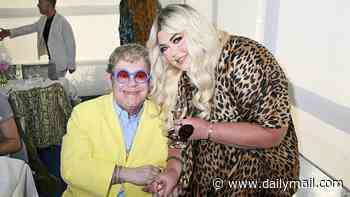 Gemma Collins reveals friendship with Elton John as she holds his hand and poses with his godson Damian Hurley while hobnobbing at his A-list party