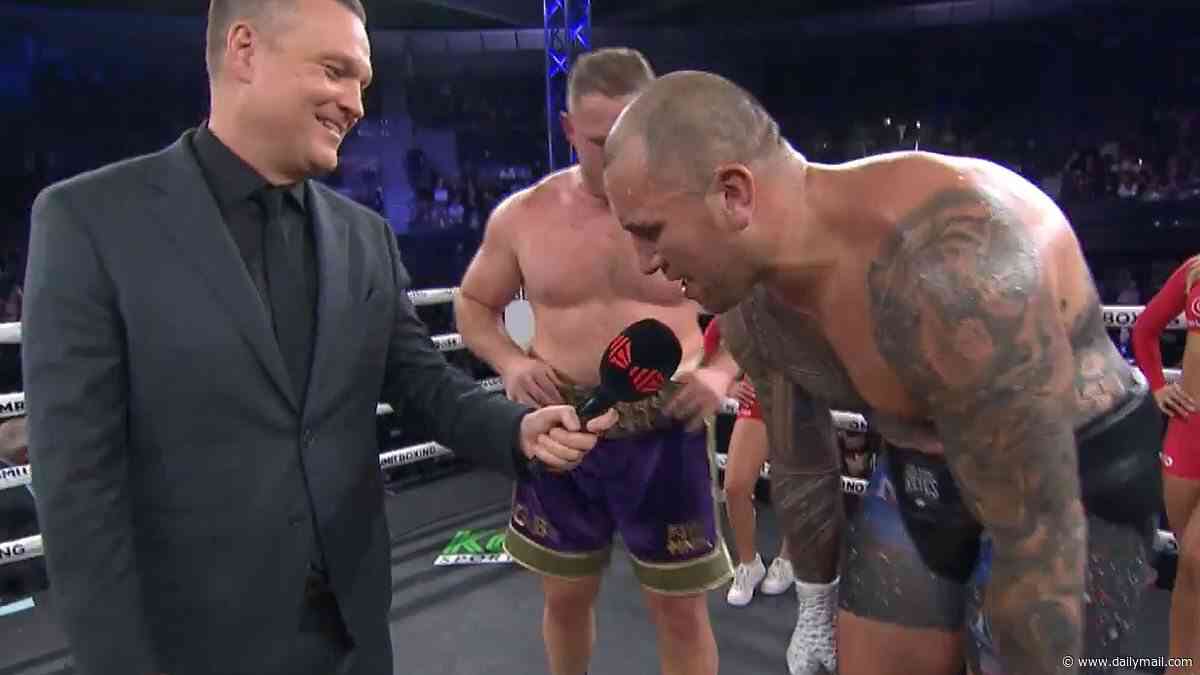 See the bizarre moment NRL hard man strips down to his undies in the ring after beating footy star George Burgess in wild boxing bout