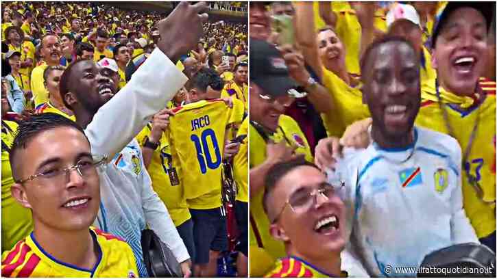 Un tifoso del Congo canta l’inno a squarciagola in mezzo a migliaia di tifosi colombiani: loro lo abbracciano