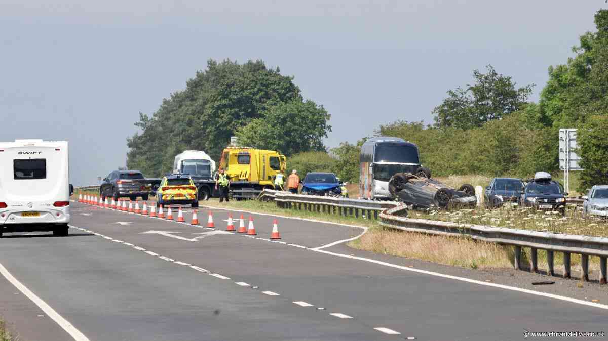 Car overturns after another collision on A1 in Northumberland