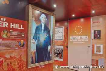 AI-generated George Washington run by conservative PragerU is a featured on Trump’s ‘Freedom Truck’ as it tours US