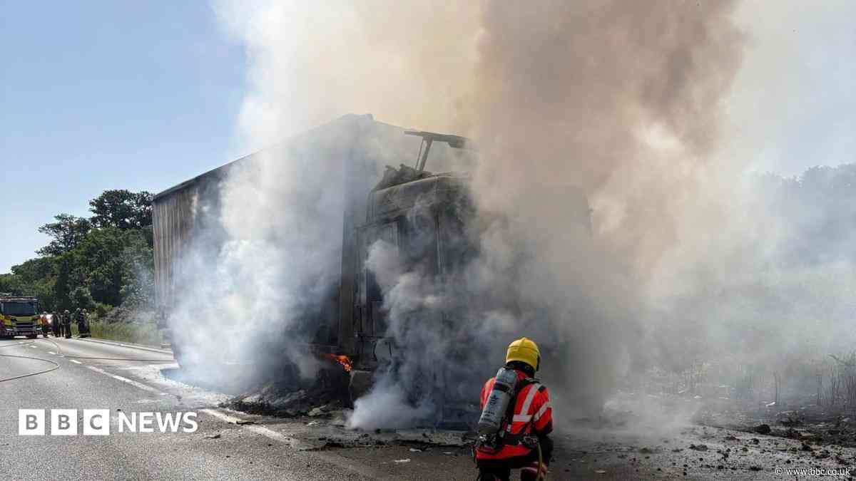 Sugar on road shuts part of A14 after lorry fire