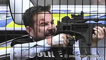 Line of Duty's Martin Compston and Vicky McClure are armed with huge guns in dramatic crash scenes as work on series seven resumes after filming was paused due to Belfast riots