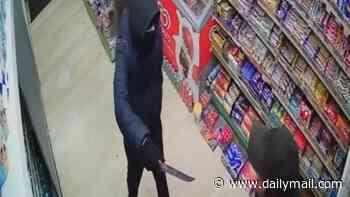 Moment knife-wielding robber is forced to flee store - after brave shopkeepers LAUGHED him out of the shop