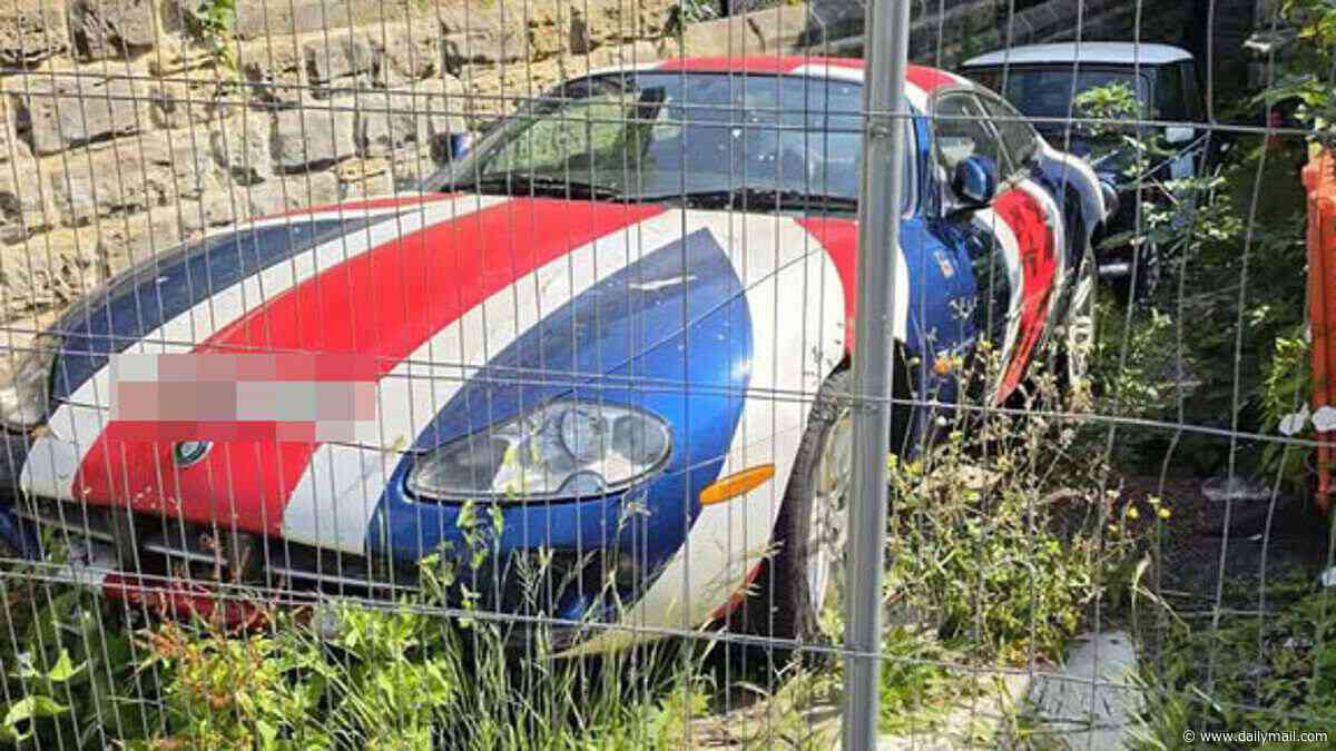 Made In Chelsea star Ollie Locke mourns the loss of his custom Union Jack Jaguar as he discovers it 'rotting on a driveway' following his 'humiliating' eviction