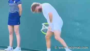 Tennis bad boy Corentin Moutet SNAPS his racket over his knee in fit of rage at Wimbledon - less than two weeks after he was slapped with hefty fine over X-rated on-court interview