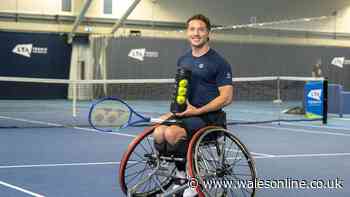 Tennis balls launched into space before being served by Alfie Hewett