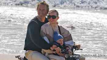 Billionaire Justin Hemmes seen riding an e-bike with his partner Madeline Holtznagel and their one-year-old son all without helmets in Byron Bay
