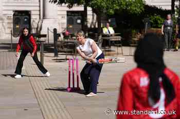 Yvette Cooper plays friendly cricket match with exiled Afghan women’s team