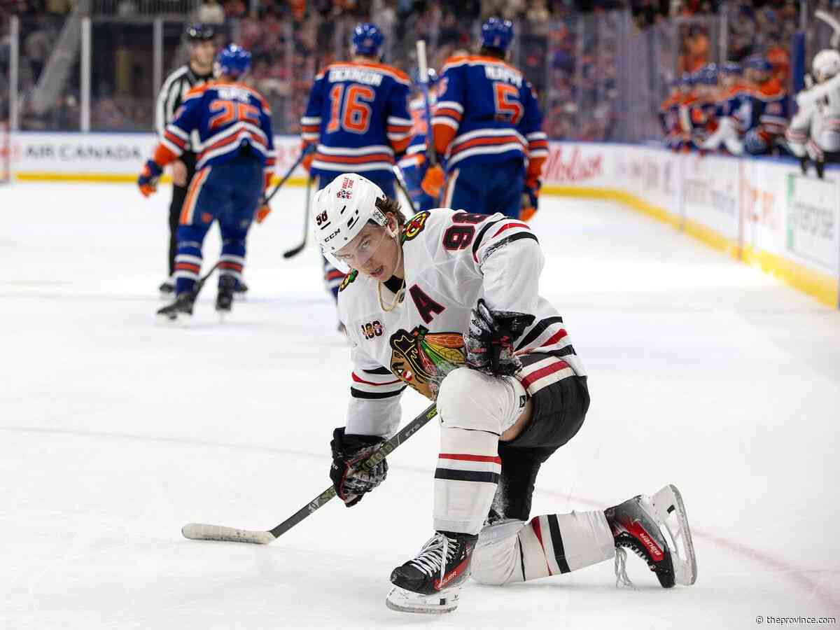Blackhawks star Connor Bedard suffers apparent injury at Burnaby’s Scotia Barn