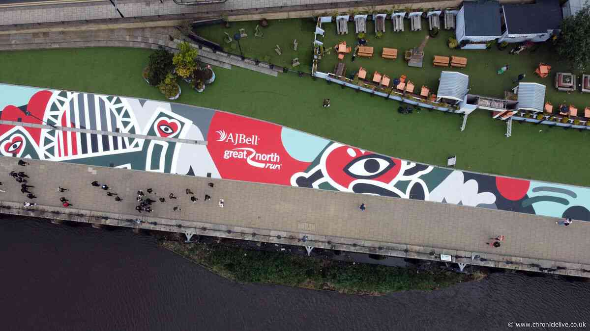 Incredible overhead view of Great North Run mural spanning 90 metres across Newcastle Quayside
