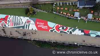 Incredible overhead view of Great North Run mural spanning 90 metres across Newcastle Quayside