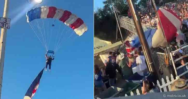 Skydiver crash-lands hard while carrying giant US flag on America250 week