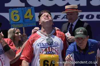 Joey Chestnut wins Nathan’s hot dog eating contest by stomaching 66 franks in 100-degree heat