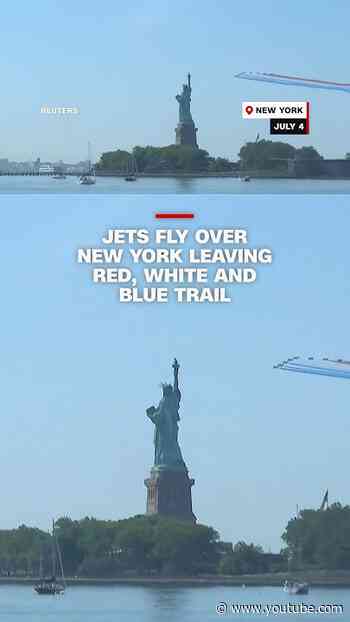 Jets fly over New York leaving red, white and blue trail