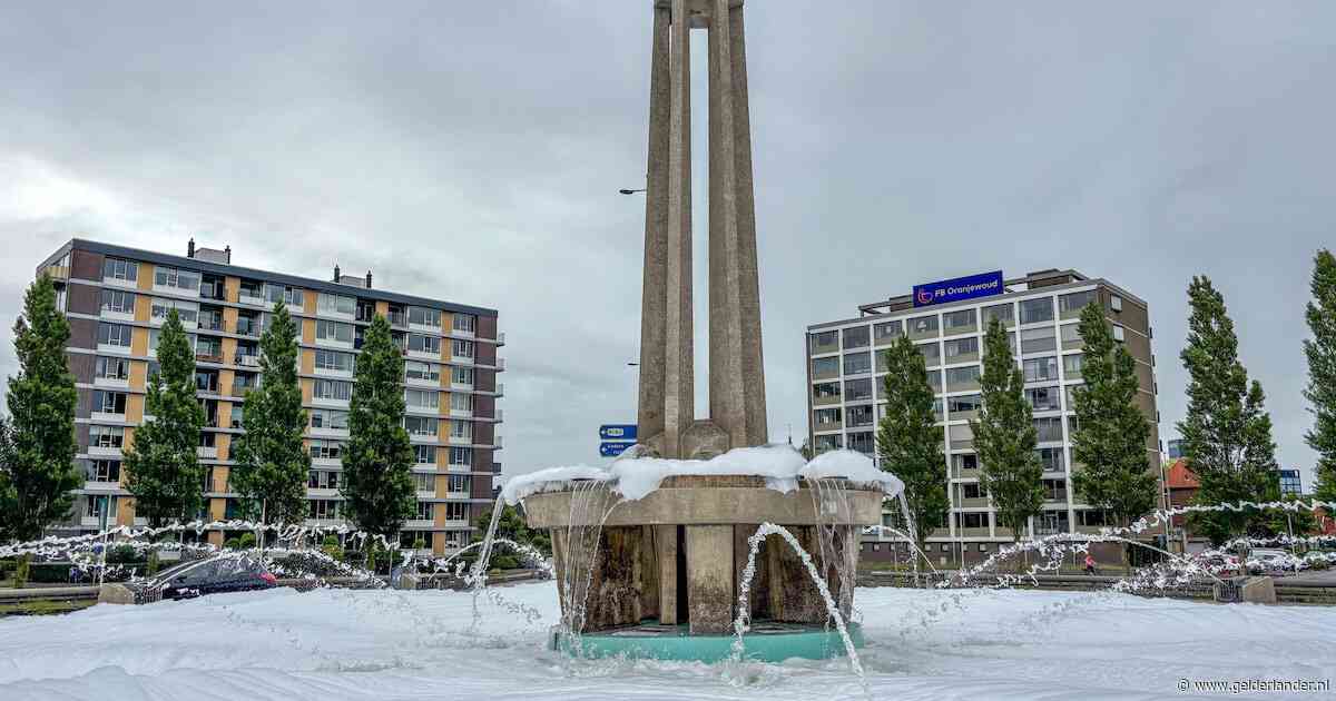 ‘Schuimpartij’ in Leeuwarden: zeep in ‘Vogel-fontein’ zorgt voor dikke laag schuim