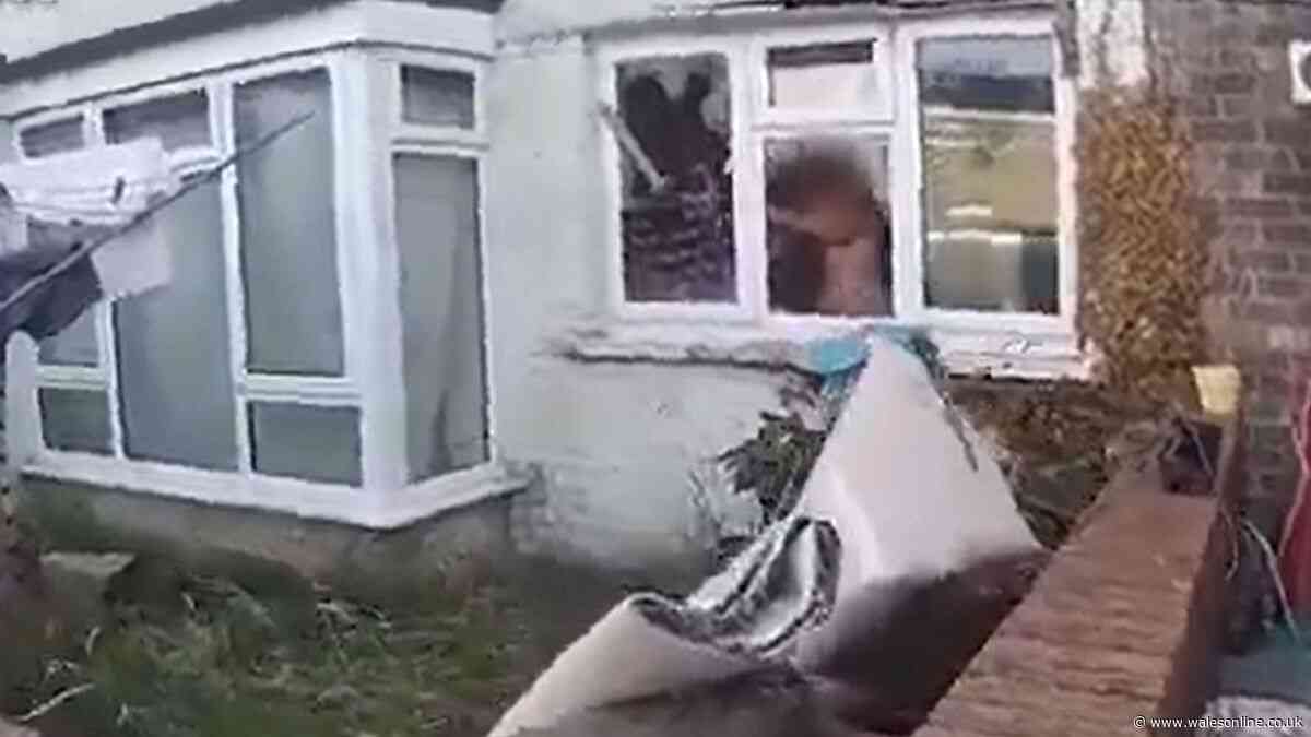 Terrifying moment police confront man wielding chainsaw through smashed window