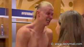 Topless Haaland's Royal seal of approval! Norway's World Cup hero Erling hugs his country's future Queen in the dressing room after dumping out Brazil - and it could be England up next