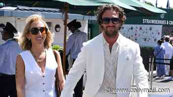 Aaron Taylor-Johnson, 36, and his wife Sam, 59, coordinate in tennis whites as they join Amanda Holden in leading the celebs on day nine of Wimbledon