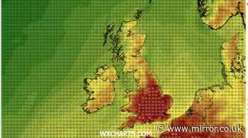 UK weather maps turn volcanic red for 34C scorcher - 10 regions above 30C at 6pm
