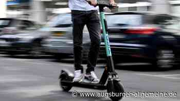 Kleiner weißer Hund beißt einen E-Scooter-Fahrer