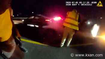 Car slams into stopped patrol vehicle in Texas; officers standing roadside nearly hit