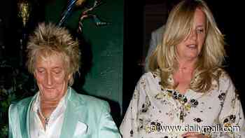 Rod Stewart, 81, sports green nail polish and a pearl necklace as he enjoys a date night with wife Penny Lancaster, 55, at Annabel's