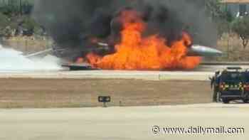 Fighter jet crash lands at Greek holiday island airport after mysteriously bursting into flames in mid-air