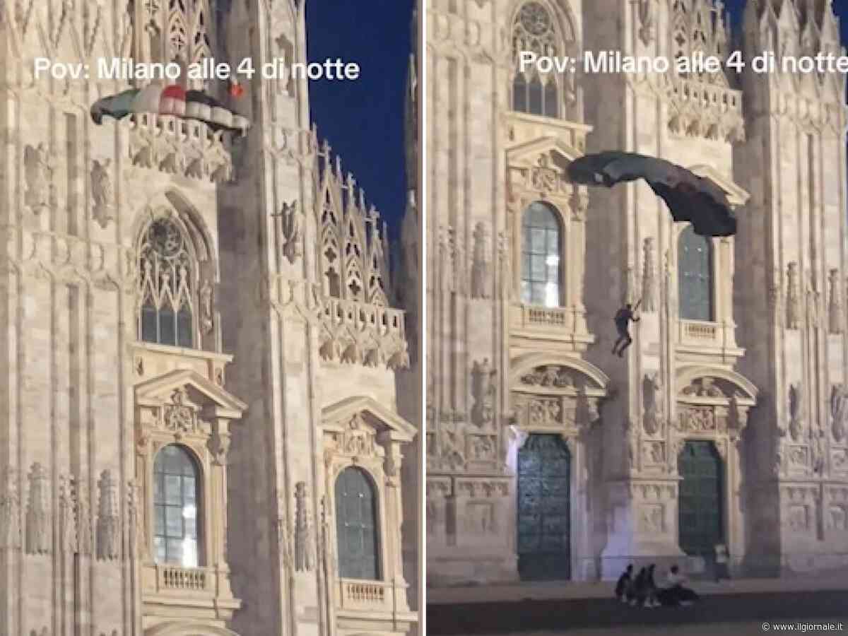 Si lancia col paracadute dal Duomo di Milano esibendo i colori della Palestina: bloccato dalla polizia