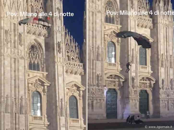 Si lancia col paracadute dal Duomo di Milano esibendo i colori della Palestina: bloccato dalla polizia