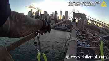 Hero NYPD cops filmed saving life of suicidal woman who climbed Brooklyn Bridge in vertigo-inducing video