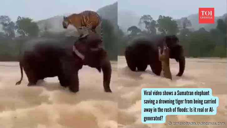 Viral video shows a Sumatran elephant saving a drowning tiger from being carried away in the rush of floods: Is it real or AI-generated?