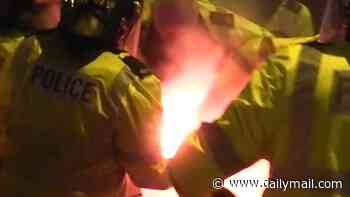 Terrifying moment police officer goes up in flames as Polish hooligans launch 'worst football violence seen in decades' on British streets