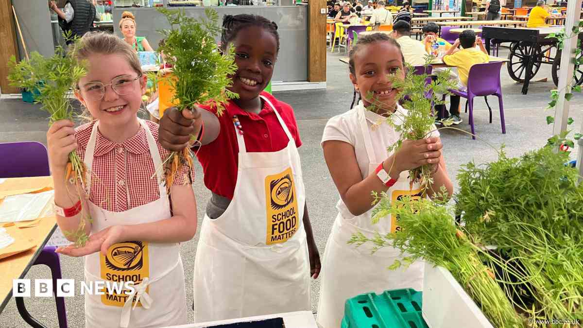 Pupils sell school-grown fruit and veg at market
